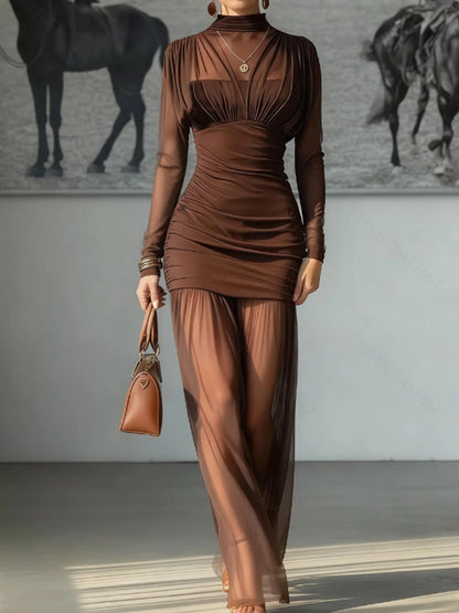 Elegant Sheer Long Sleeve High Neck Ruched Bodycon Dress For Women, Fashion Slim Party Banquet Art Exhibition Outfit
