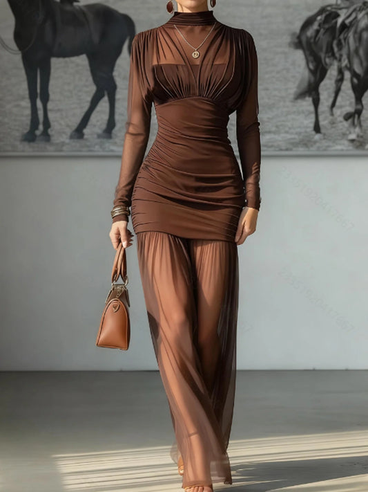 Elegant Sheer Long Sleeve High Neck Ruched Bodycon Dress For Women, Fashion Slim Party Banquet Art Exhibition Outfit