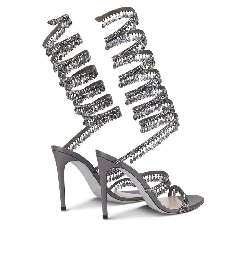 2024Women's New Water Diamond Sandals Fashion Tassel Crystal Shoes Sexy Banquet Party Twin Stiletto Women's Large Sandals