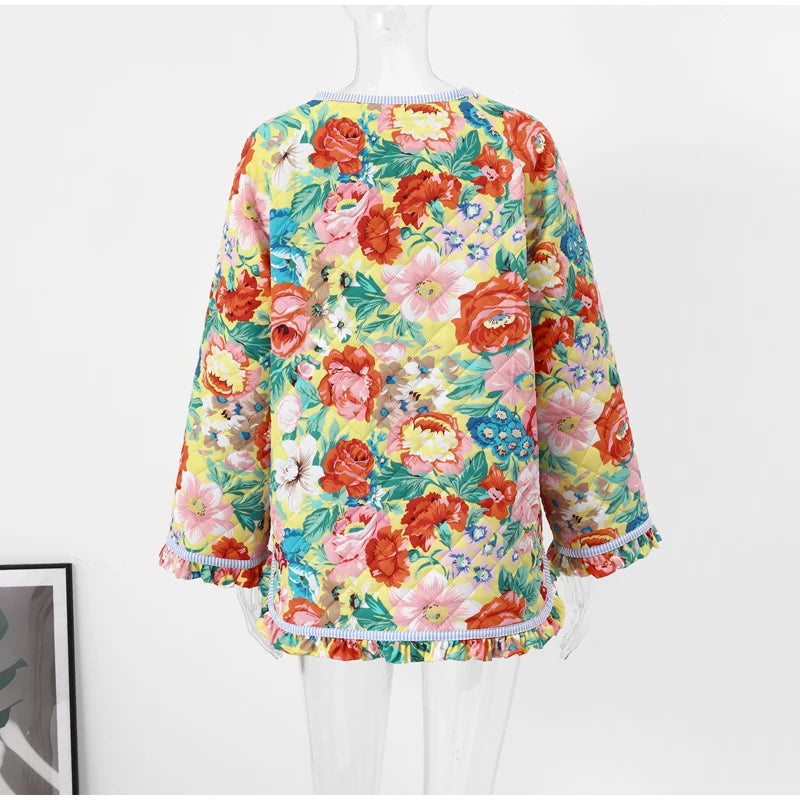 HH Floral Print Jacket For Women Autumn Quilted Reversible Cotton Coat Cardigan Long Sleeve Jackets Elegant Woman Streetwear
