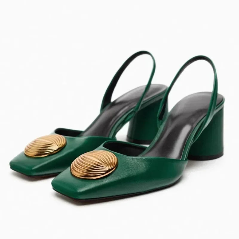 Designer Brand Sandals Women Pumps Metal Decoration Fashion Square Toe Chunky Heels Dress Shoes Elegant High Heels Ladies Mules