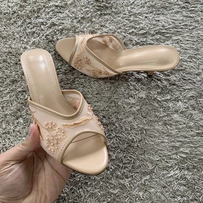 2026 String Bead Mesh Embroider Slingback High Heels Women Sexy Peep Toe Heeled Sandals Summer Elegant Luxury Designer Shoes