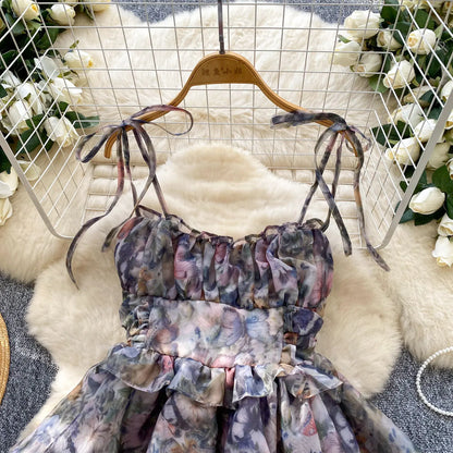 SINGREINY Holiday Print Flowy Birthday Dress Women Strap Butterfly Vacation Cake Sundress Organza Luxury Party Short Dress
