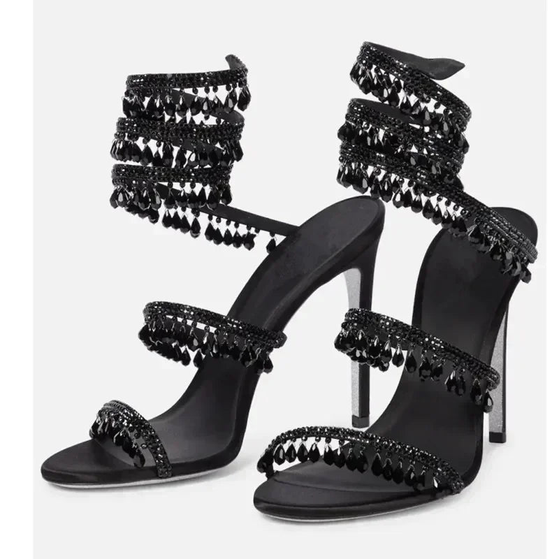 2024Women's New Water Diamond Sandals Fashion Tassel Crystal Shoes Sexy Banquet Party Twin Stiletto Women's Large Sandals