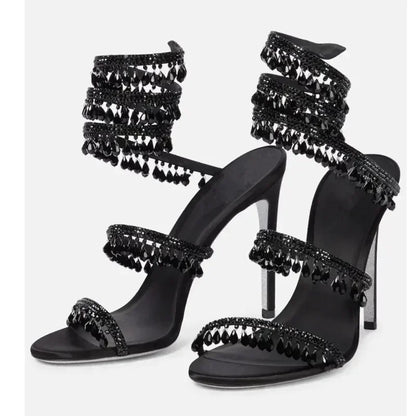 2024Women's New Water Diamond Sandals Fashion Tassel Crystal Shoes Sexy Banquet Party Twin Stiletto Women's Large Sandals