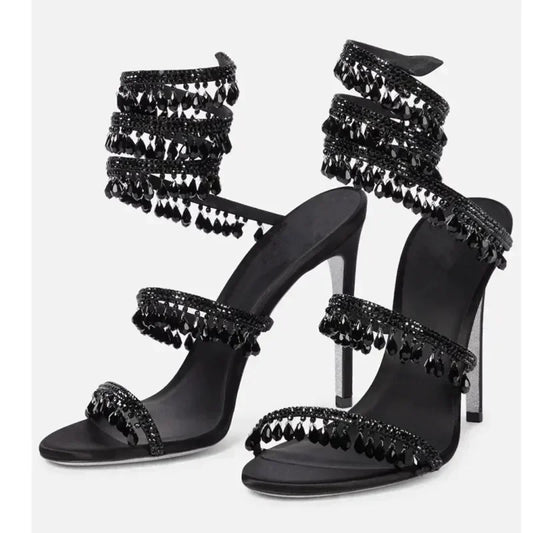 2024Women's New Water Diamond Sandals Fashion Tassel Crystal Shoes Sexy Banquet Party Twin Stiletto Women's Large Sandals