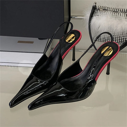 Eilyken Spring Fashion Sexy Thin Heels Pointed Toe Pumps Women Mule Shoes Elegant Patent Leather Banquet Striptease Sandals