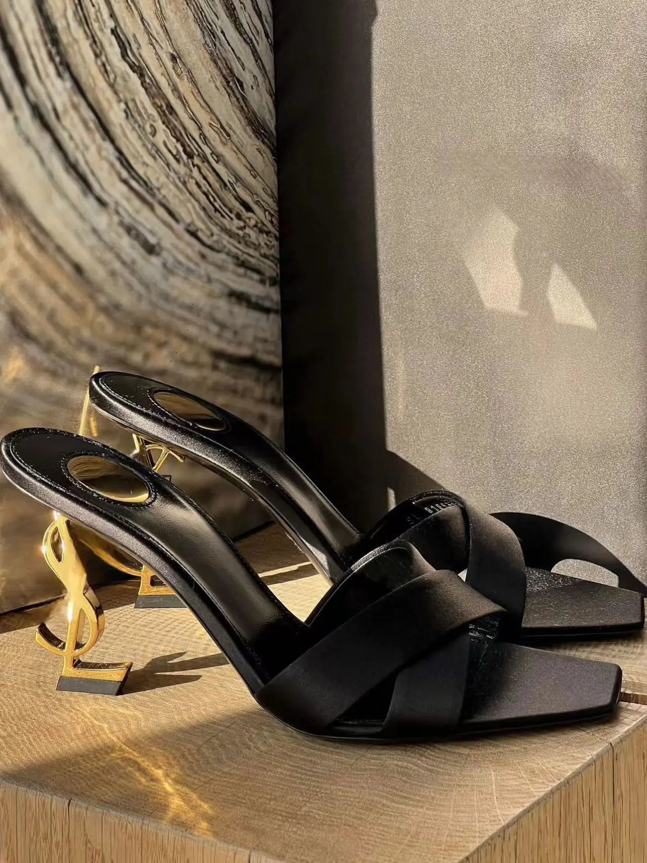 New 2026 Women's Fashionable Silk Satin Cross Band Metal Letter Heel Square Head High Heel Sandals Open Toe Stylish Pointed Toe