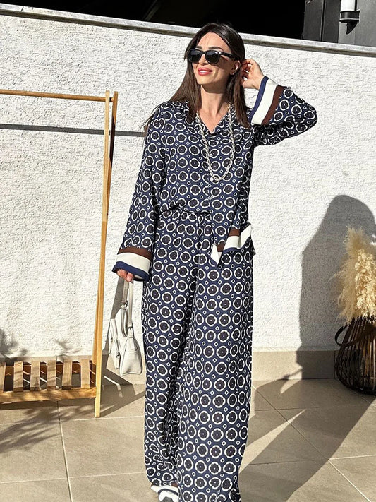 Street Casual Printed Pantsuit Two Piece Set Spring Women Long Sleeveless Shirt+High Waist Print Straight Pants Female Outfit