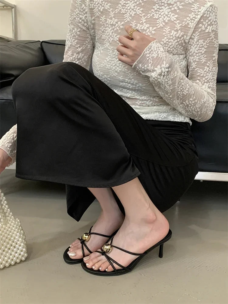 Aneikeh Fashion Low Thin Heels Design Narrow Band Women Slippers Narrow Band Round Head Sandal Mules Slides Shoes Zapatos Mujer