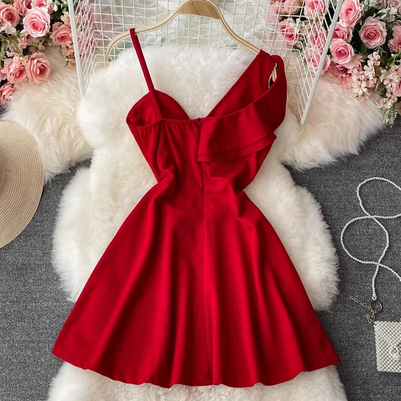 Ins Fashion Sexy Backless One Shoulder Strap Club Dress Chic High Waist A-line Mini Dress Women Red Party Dress