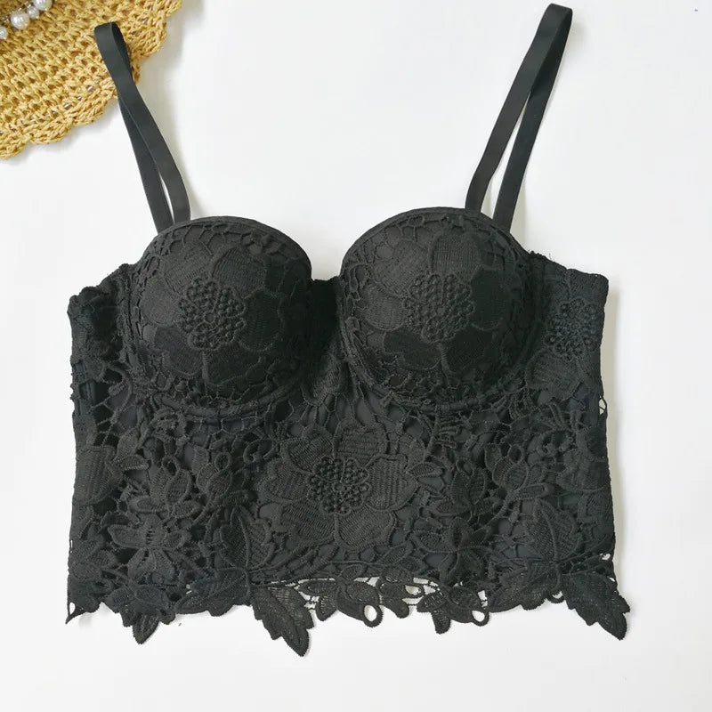 Women Crocheted 3D Lace Corset Stylish Floral Embroidery Bustier Push Up Bra Lady Tank Top Elegant Cropped Top Club Party Bralet