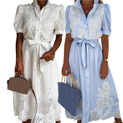 Lace-up Women Shirt Dress 2024 Summer Elegant Single Breasted Puff Sleeve Maxi Dress Vestidos Bohemian Sundress Party Robe