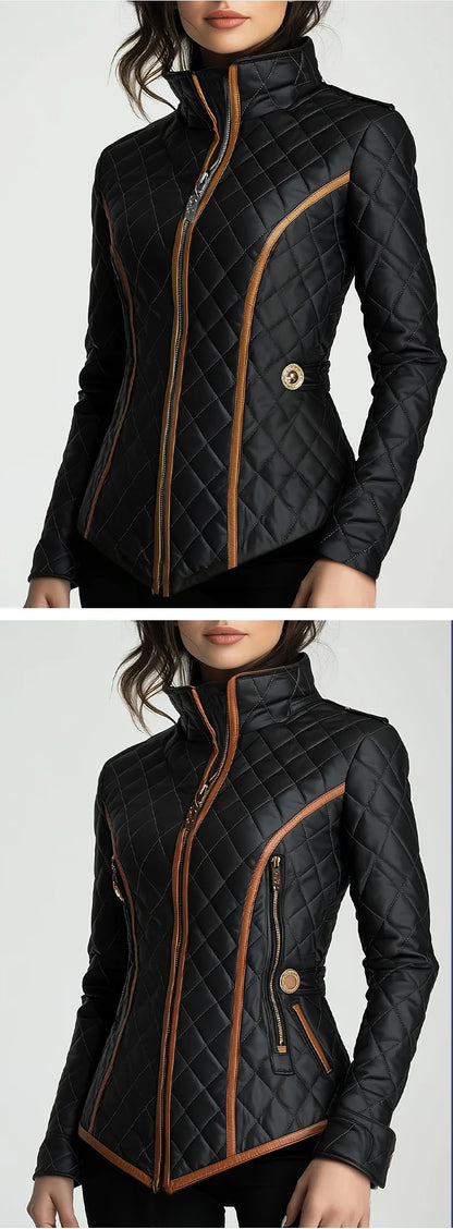Black Quilted Jacket for Women Autumn Winter Lightweight Cotton Padded Short Coat Slimming Fit Stand Collar Female Outerwear