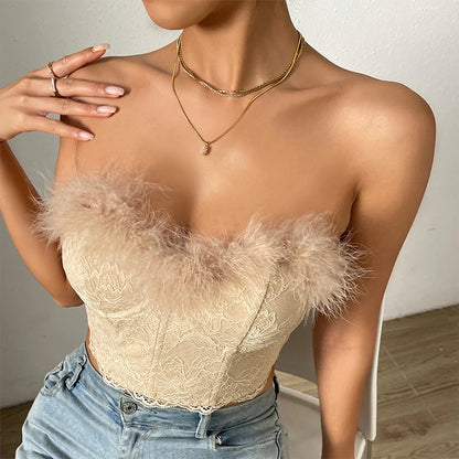Sexy Lace Backless Tube Tops Women Luxury Feather Slim Skinny Corset Crop Tops Summer Elegant Female Strapless Bustier Tank Top