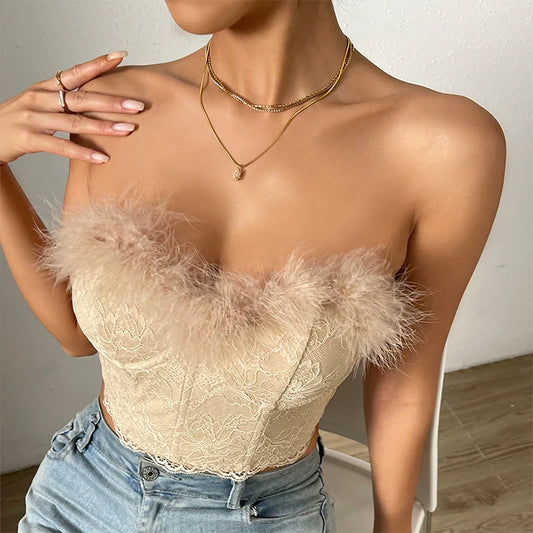 Sexy Lace Backless Tube Tops Women Luxury Feather Slim Skinny Corset Crop Tops Summer Elegant Female Strapless Bustier Tank Top
