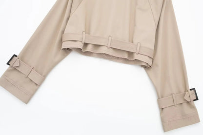 HH 2025 Women Belt Cropped Trench Spring Jacket Vintage Streetwear Double Breasted Long Sleeve Top Female Coat Outfits