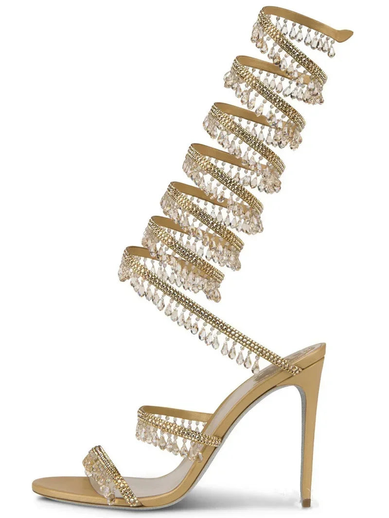 2024Women's New Water Diamond Sandals Fashion Tassel Crystal Shoes Sexy Banquet Party Twin Stiletto Women's Large Sandals