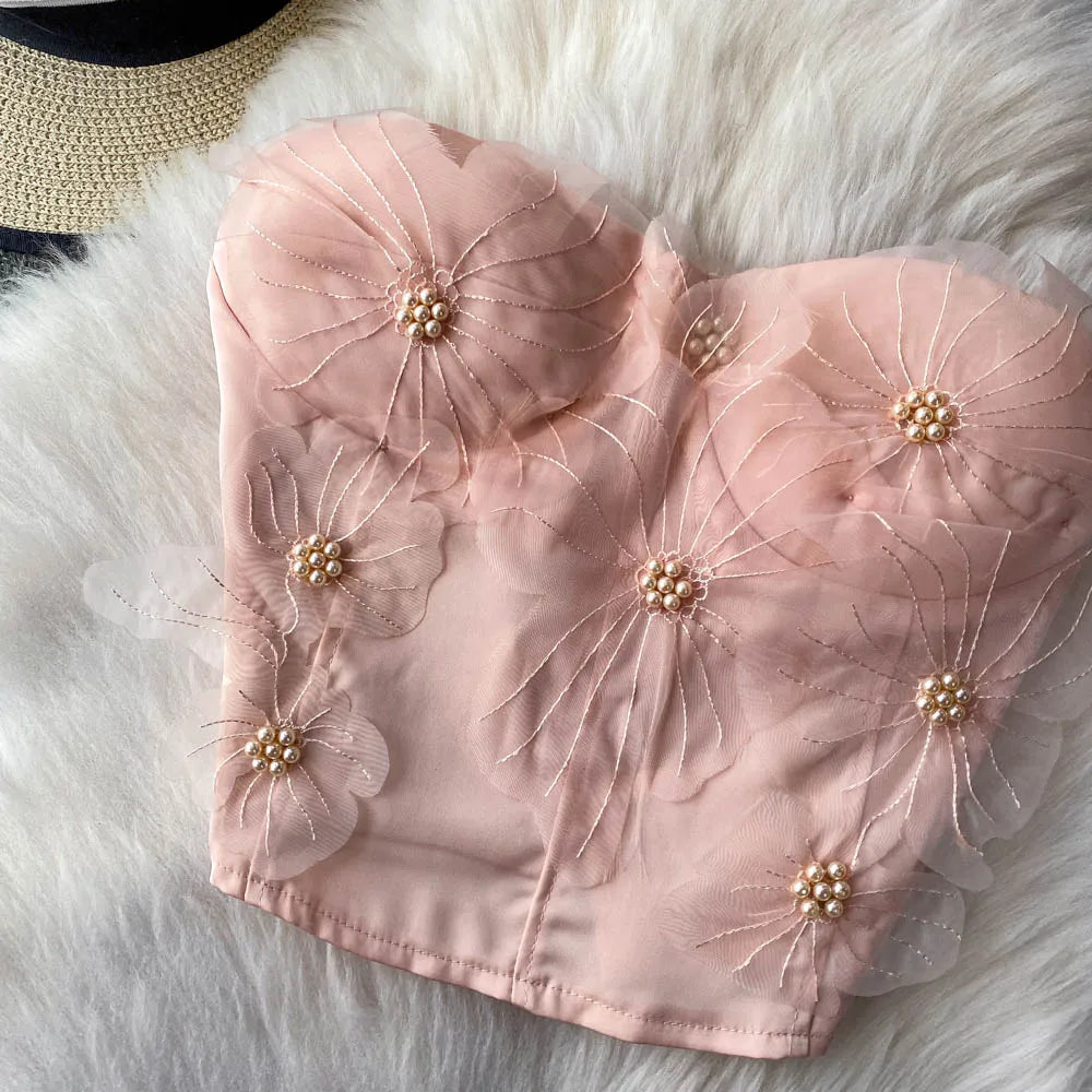 Embellished Short Crop Top Women's Vest with Chest Pad 3D Flower Decoration Slimming Effect Summer Fashion