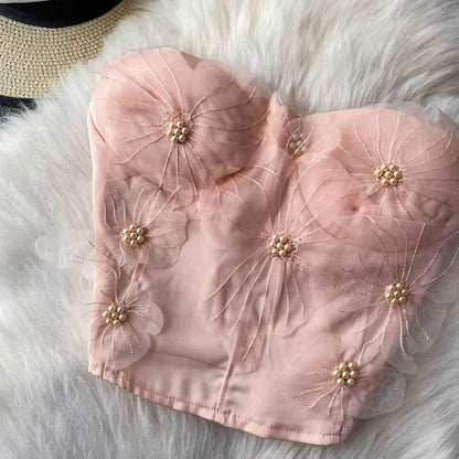 Embellished Short Crop Top Women's Vest with Chest Pad 3D Flower Decoration Slimming Effect Summer Fashion