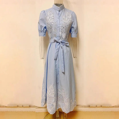 Lace-up Women Shirt Dress 2024 Summer Elegant Single Breasted Puff Sleeve Maxi Dress Vestidos Bohemian Sundress Party Robe