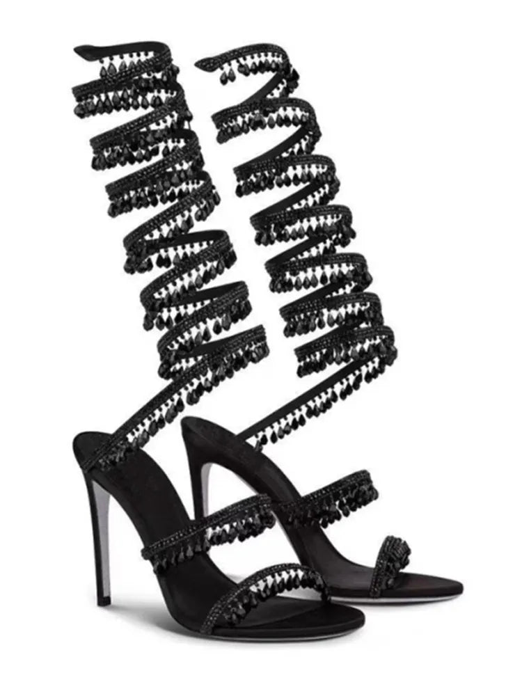 2024Women's New Water Diamond Sandals Fashion Tassel Crystal Shoes Sexy Banquet Party Twin Stiletto Women's Large Sandals
