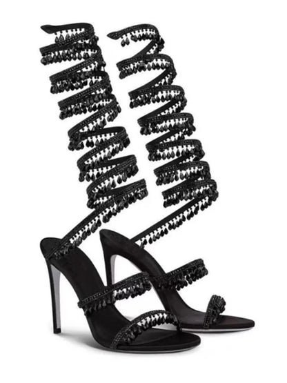 2024Women's New Water Diamond Sandals Fashion Tassel Crystal Shoes Sexy Banquet Party Twin Stiletto Women's Large Sandals