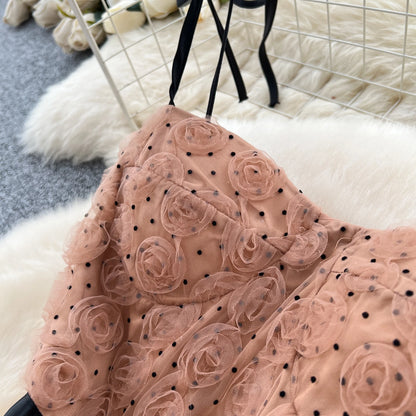 SINGREINY 3D Roses Mesh Straps Dress Polka Dots Backless Zipper Irregular Sundress Women French Senior Chic Evening Long Dress