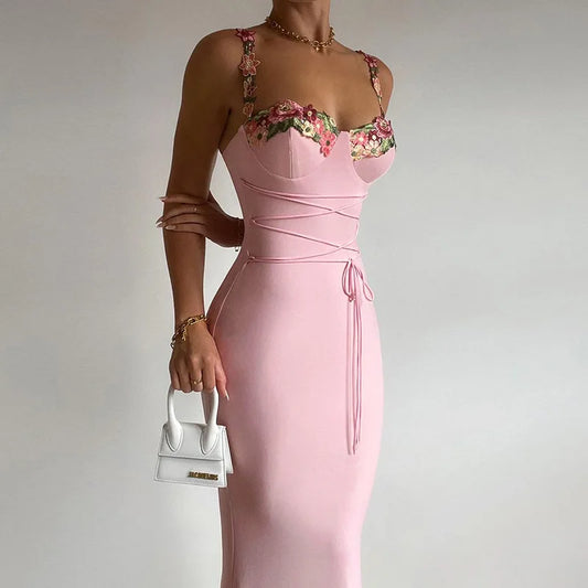 Y2K Sexy Sleeveless Backless Floral Women's Maxi Long Dress Lace-Up Bandage Bodycon Autumn Winter Party Club Dresses Outfit Gift