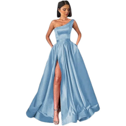 Customized Women's One Shoulder Prom Dresses Long Ball Gown High Slit Satin Corset Formal Dress Evening Gowns with Pockets