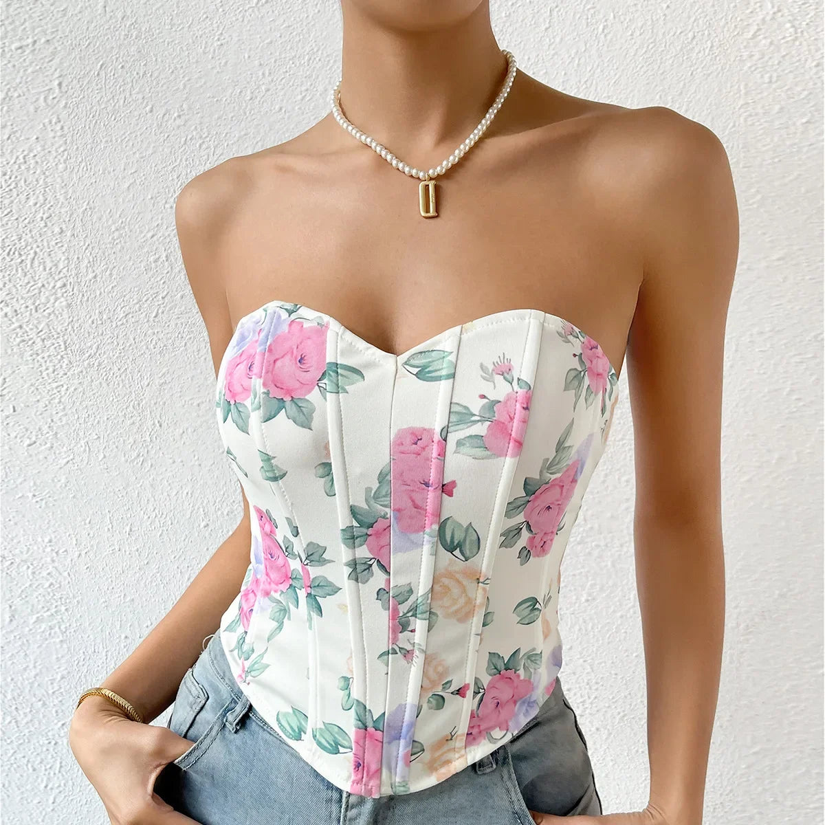 Women Floral Top Sexy Spicy Girl Tank Top Low cut Open Back Flower Wrapped Chest Diamond Fish Bone Strap Waist Vest Tank Top Y2K