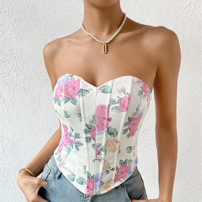 Women Floral Top Sexy Spicy Girl Tank Top Low cut Open Back Flower Wrapped Chest Diamond Fish Bone Strap Waist Vest Tank Top Y2K
