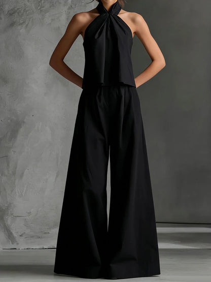 2026 Women Summer Casual Holiday Halter Sleeveless Pullover Top with Wide Leg Pants Two-Piece Set Backless Patchwork Chic Outfit