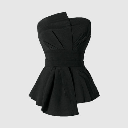 [Elegant] Peplum Strapless Top, Belted Wrap Waist Blouse for Vacation & Commute