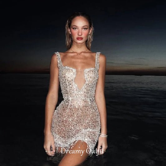 Dreamy Customized Evening Dress Sexy Illusion Mini Sparkly Sequin Beads Prom Gown Exquisite Cocktail Dresses Robe De Mariée