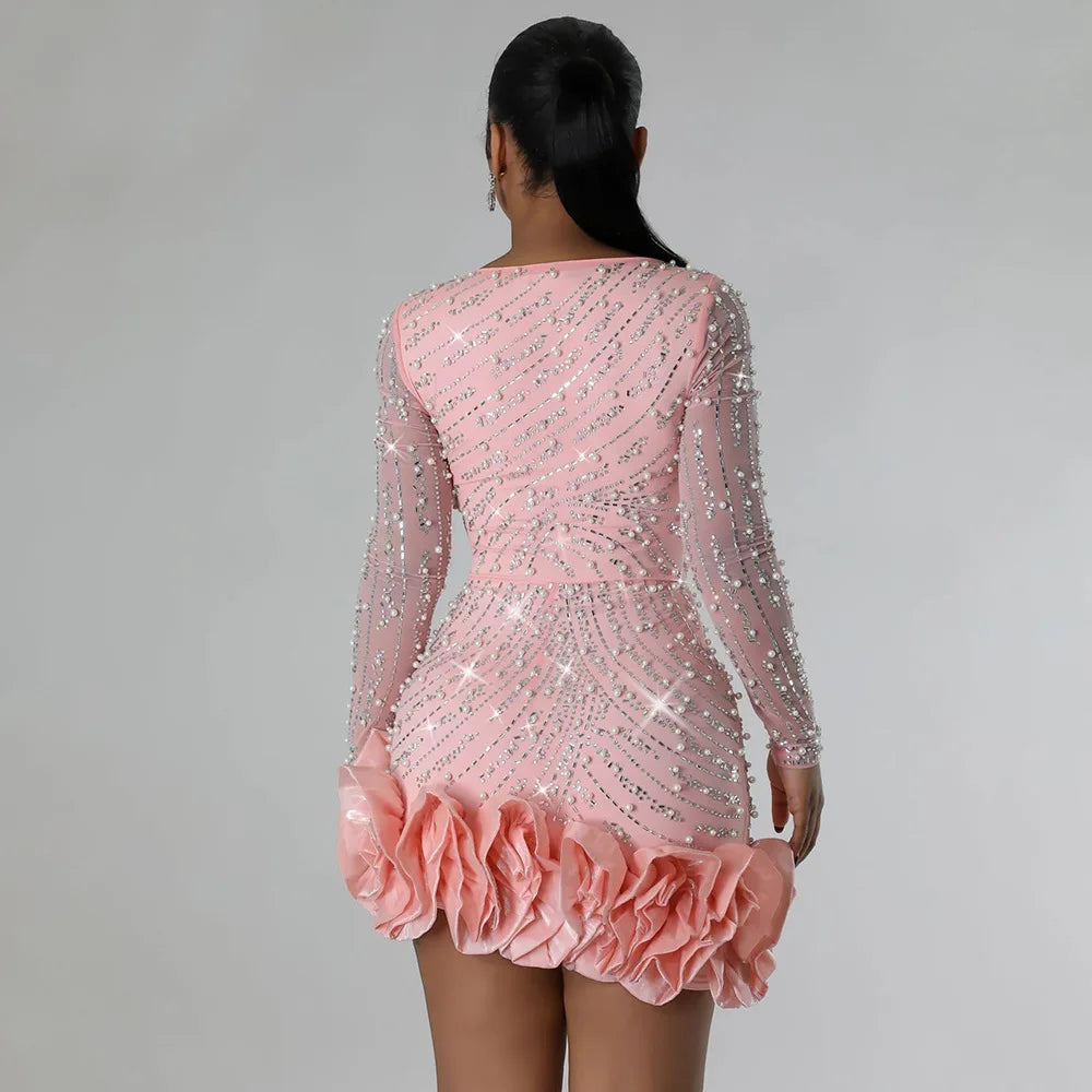 CM.YAYA Spring Women Long Sleeve Ruffles Hot Drilling Bead Short Dress Sexy Night Club Evening Birthday Mini Dresses Vestidos