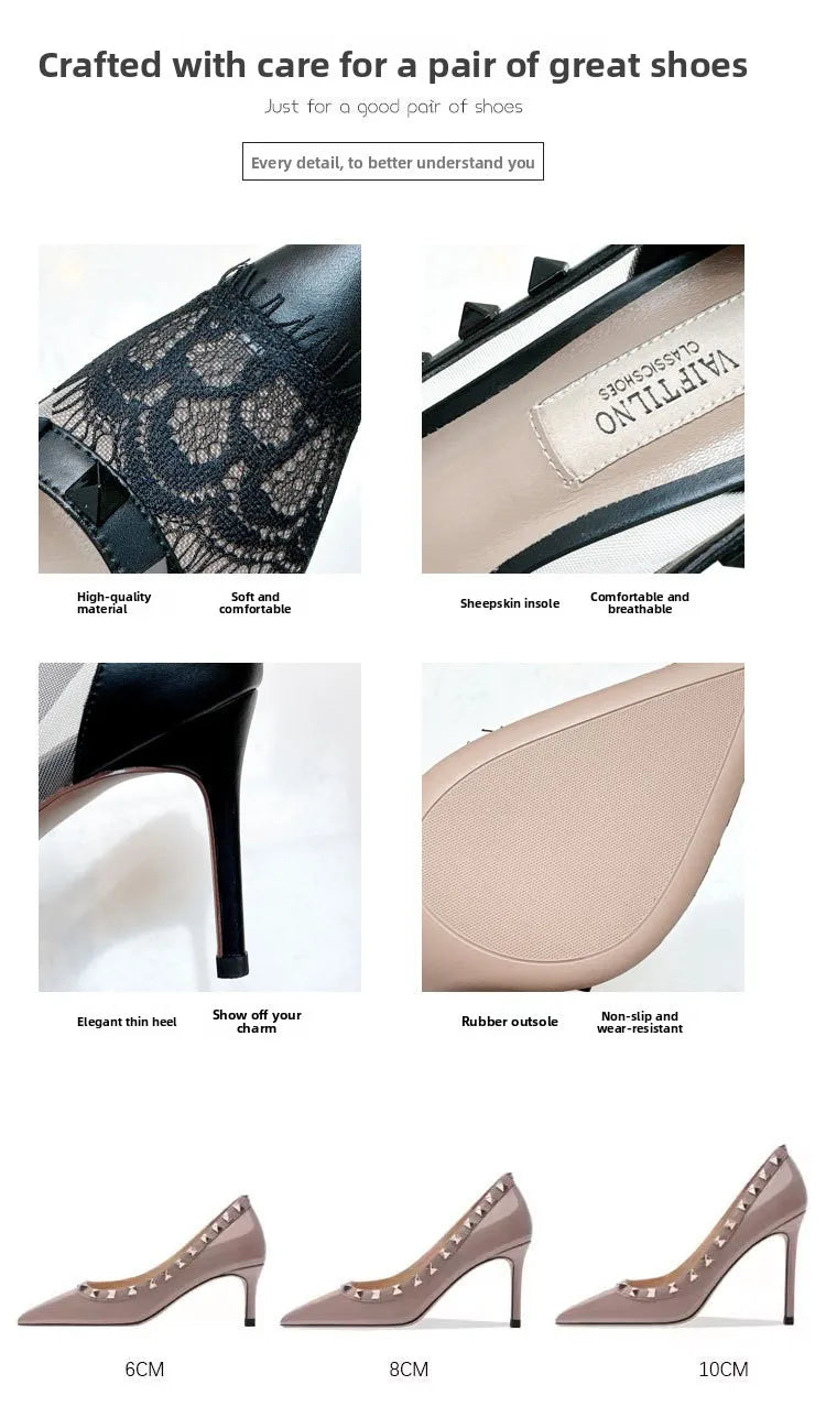 V-Home Mandarin Orange High Heels Lace Mesh Rivet Pointed Toe Versatile Single Shoes Women Summer Fashionable Elegant