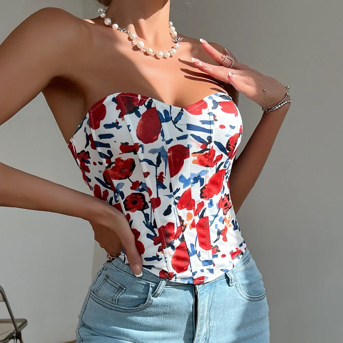 Women Floral Top Sexy Spicy Girl Tank Top Low cut Open Back Flower Wrapped Chest Diamond Fish Bone Strap Waist Vest Tank Top Y2K