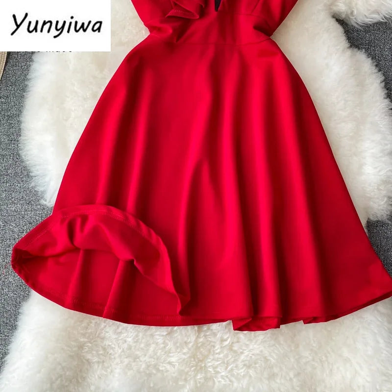 Ins Fashion Sexy Backless One Shoulder Strap Club Dress Chic High Waist A-line Mini Dress Women Red Party Dress