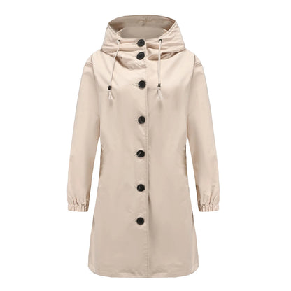 Spring Autumn Women's Trench Coat Water-Repellent Hooded Windbreaker Outdoor Loose Casual Zipper Long Jacket