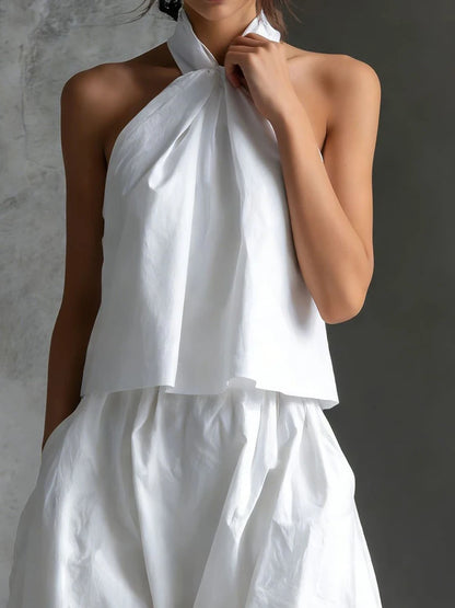 2026 Women Summer Casual Holiday Halter Sleeveless Pullover Top with Wide Leg Pants Two-Piece Set Backless Patchwork Chic Outfit