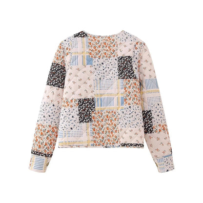 HH Floral Print Jacket For Women Autumn Quilted Reversible Cotton Coat Cardigan Long Sleeve Jackets Elegant Woman Streetwear