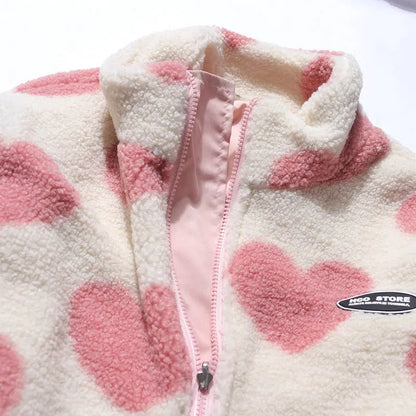 Double-Sided Wear Thickened Lamb Fur Heart Pattern Cotton Jacket Couple's Two-Way Wear Casual Warm Zipper Closure Long Sleeve...