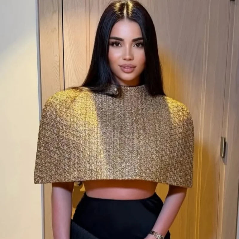 Women Elegant Gold Sparkle Capelet Top Shiny Tweed Shoulder Wrap Turtleneck Short Cloak New Lady Evening Club Party Tops 2026