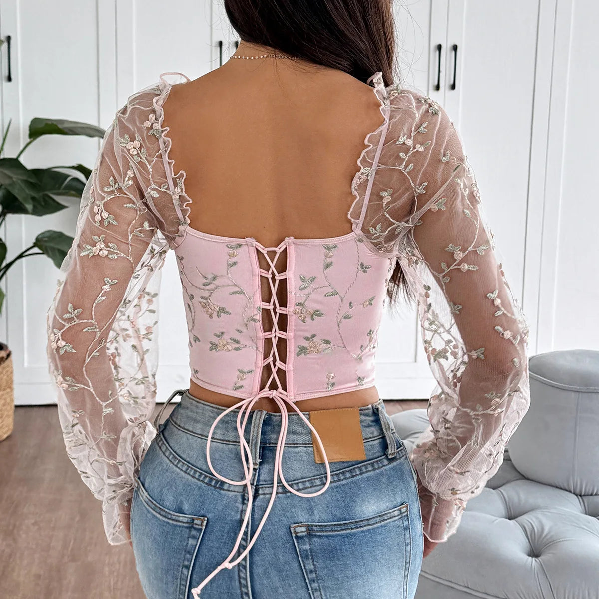 Sexy Spicy Girl Mesh Long Sleeve Corsets Shaper Flower Embroidery Bustiers Fishbone Slim Fit Fashion Versatile Women Corset Top