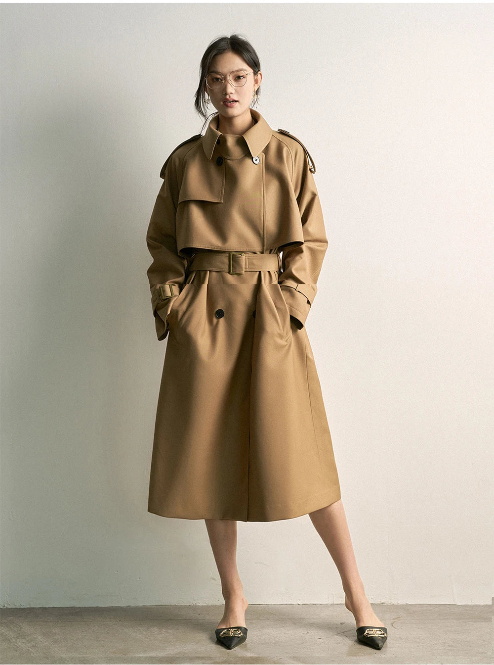 Lautaro Spring Autumn Khaki Long Trench Coat for Women Double Breasted Elegant Luxury Chic British Style Fashion Overcoat 2026