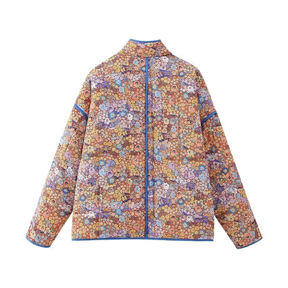 HH Floral Print Jacket For Women Autumn Quilted Reversible Cotton Coat Cardigan Long Sleeve Jackets Elegant Woman Streetwear