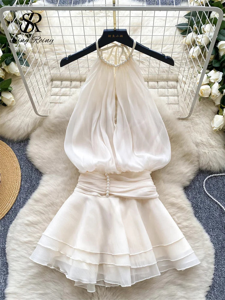 SINGREINY Strap Chiffon Mini Dress Female Pearl Halter Sleeveless Backless Sexy Design Fairycore Vacation Summer Ruffles Dress