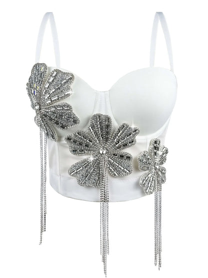 Fashion Women Diamonds Embroidery Flowers Tassel Bustier Corset Crop Tops To Wear suspender vest