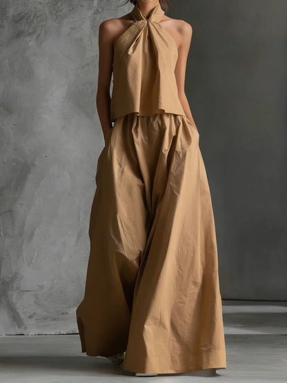 2026 Women Summer Casual Holiday Halter Sleeveless Pullover Top with Wide Leg Pants Two-Piece Set Backless Patchwork Chic Outfit